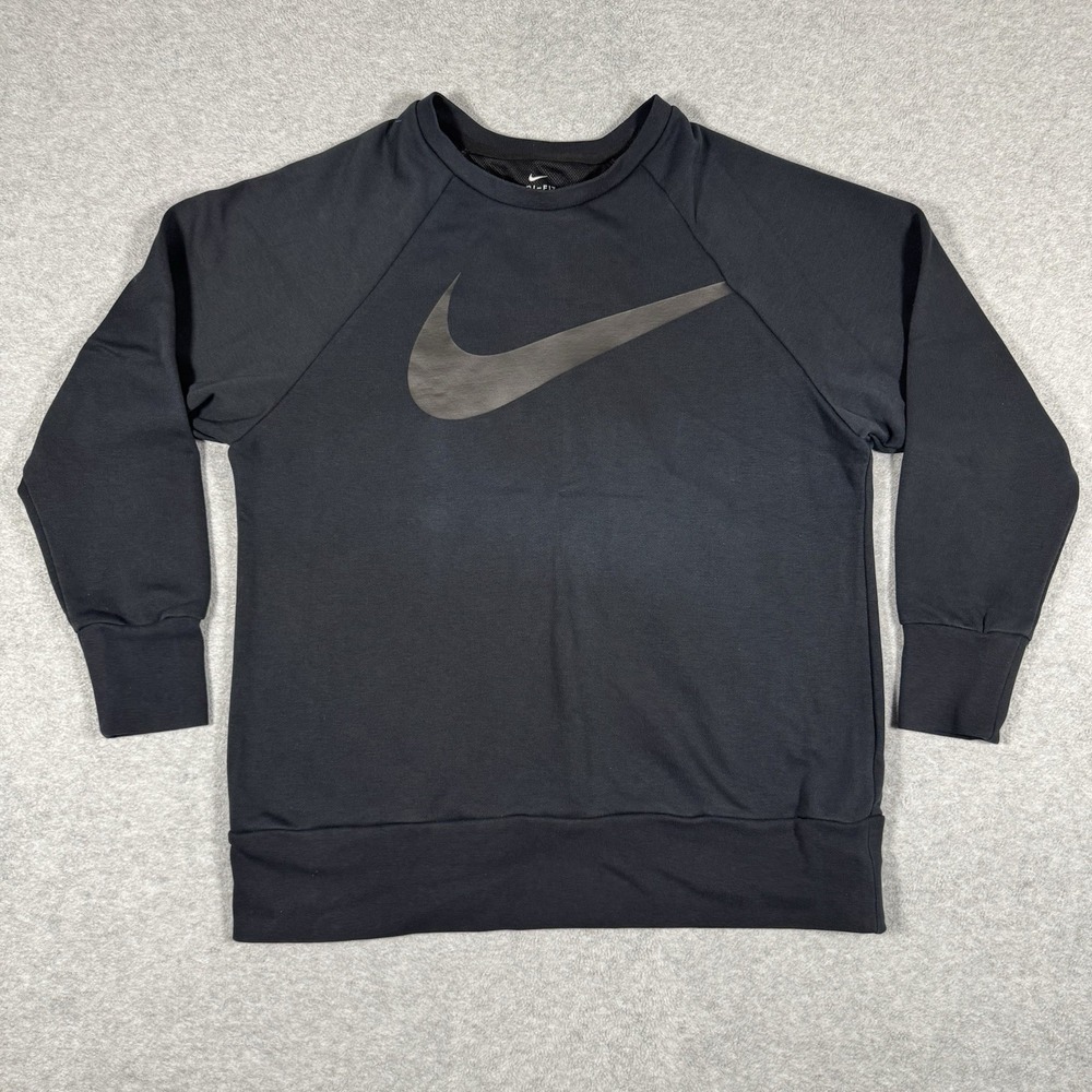 Nike Dri-FIT Crewneck Sweatshirt Men's M Black Big Swoosh Raglan Pullover